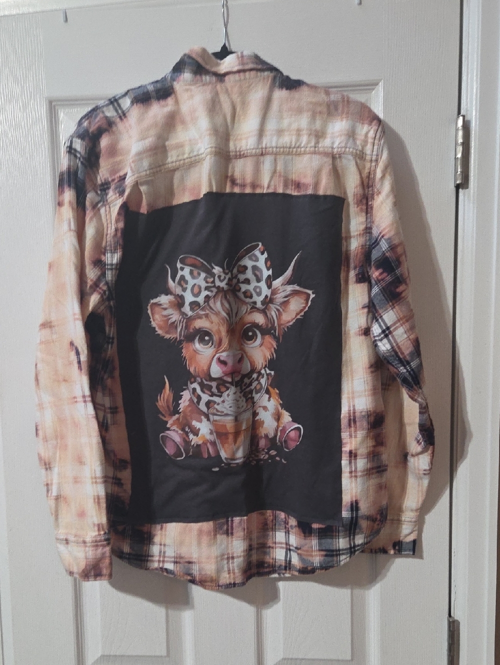 George Altered Hand Bleached Button Down Flannel Shirt In Cream, Black And Tan